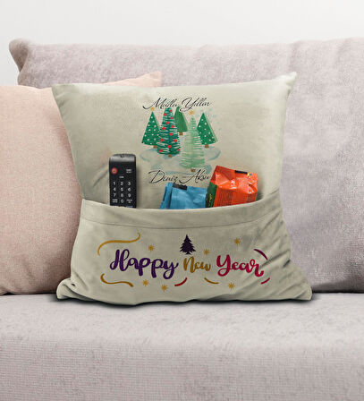 BK Gift Kişiye Özel Yılbaşı Tasarımlı Organizer Kumanda ve Atıştırmalık Cepli Krem Kırlent Yastık, Y