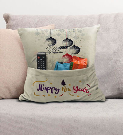 BK Gift Kişiye Özel Yılbaşı Tasarımlı Organizer Kumanda ve Atıştırmalık Cepli Krem Kırlent Yastık, Y