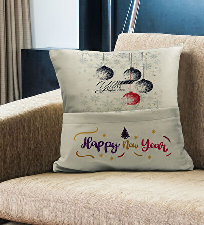 BK Gift Kişiye Özel Yılbaşı Tasarımlı Organizer Kumanda ve Atıştırmalık Cepli Krem Kırlent Yastık, Y