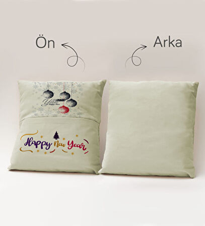 BK Gift Kişiye Özel Yılbaşı Tasarımlı Organizer Kumanda ve Atıştırmalık Cepli Krem Kırlent Yastık, Y