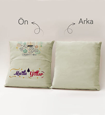 BK Gift Kişiye Özel Yılbaşı Tasarımlı Organizer Kumanda ve Atıştırmalık Cepli Krem Kırlent Yastık, Y