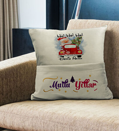 BK Gift Kişiye Özel Yılbaşı Tasarımlı Organizer Kumanda ve Atıştırmalık Cepli Krem Kırlent Yastık, Y