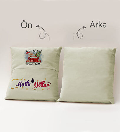 BK Gift Kişiye Özel Yılbaşı Tasarımlı Organizer Kumanda ve Atıştırmalık Cepli Krem Kırlent Yastık, Y