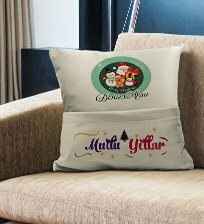 BK Gift Kişiye Özel Yılbaşı Tasarımlı Organizer Kumanda ve Atıştırmalık Cepli Krem Kırlent Yastık, Y