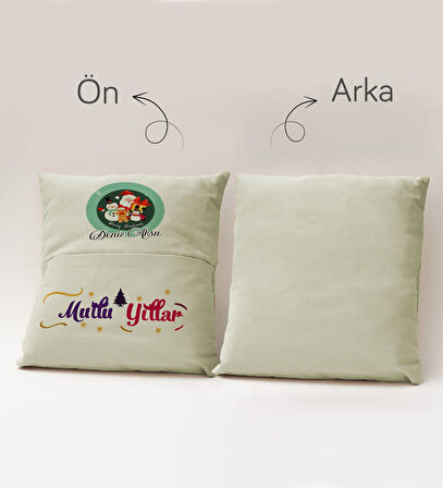 BK Gift Kişiye Özel Yılbaşı Tasarımlı Organizer Kumanda ve Atıştırmalık Cepli Krem Kırlent Yastık, Y