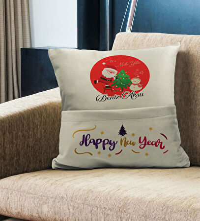 BK Gift Kişiye Özel Yılbaşı Tasarımlı Organizer Kumanda ve Atıştırmalık Cepli Krem Kırlent Yastık, Y