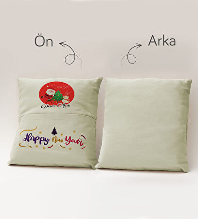BK Gift Kişiye Özel Yılbaşı Tasarımlı Organizer Kumanda ve Atıştırmalık Cepli Krem Kırlent Yastık, Y