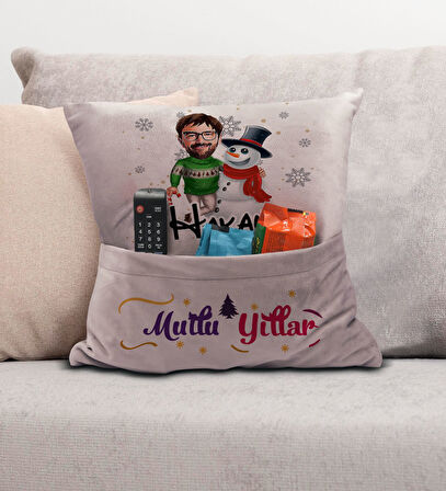 BK Gift Kişiye Özel Yılbaşı Karikatür Tasarımlı Organizer Kumanda ve Atıştırmalık Cepli Pembe Kırlen