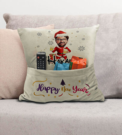 BK Gift Kişiye Özel Yılbaşı Karikatür Tasarımlı Organizer Kumanda ve Atıştırmalık Cepli Krem Kırlent