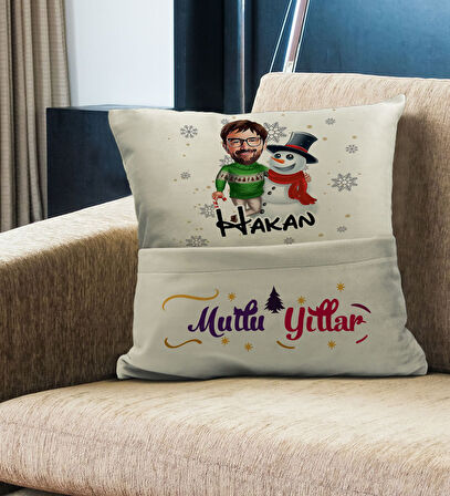 BK Gift Kişiye Özel Yılbaşı Karikatür Tasarımlı Organizer Kumanda ve Atıştırmalık Cepli Krem Kırlent