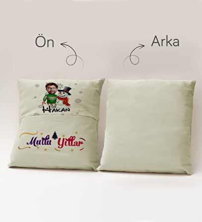 BK Gift Kişiye Özel Yılbaşı Karikatür Tasarımlı Organizer Kumanda ve Atıştırmalık Cepli Krem Kırlent