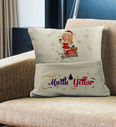 BK Gift Kişiye Özel Yılbaşı Karikatür Tasarımlı Organizer Kumanda ve Atıştırmalık Cepli Krem Kırlent