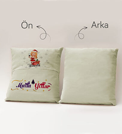 BK Gift Kişiye Özel Yılbaşı Karikatür Tasarımlı Organizer Kumanda ve Atıştırmalık Cepli Krem Kırlent