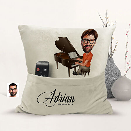 BK Gift Kişiye Özel Piyanist Karikatür Tasarımlı Organizer Kumanda ve Atıştırmalık Cepli Sarı Kırlen