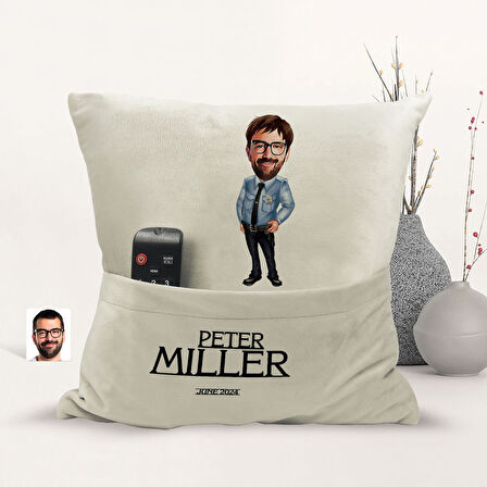 BK Gift Kişiye Özel Polis Karikatür Tasarımlı Organizer Kumanda ve Atıştırmalık Cepli Sarı Kırlent Y