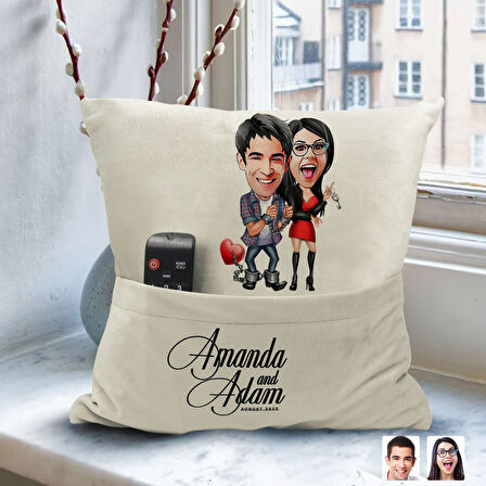 BK Gift Kişiye Özel Sevgililer Karikatür Tasarımlı Organizer Kumanda ve Atıştırmalık Cepli Sarı Kırl
