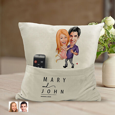 BK Gift Kişiye Özel Sevgililer Karikatür Tasarımlı Organizer Kumanda ve Atıştırmalık Cepli Sarı Kırl