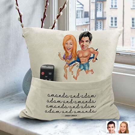 BK Gift Kişiye Özel Sevgililer Karikatür Tasarımlı Organizer Kumanda ve Atıştırmalık Cepli Sarı Kırl