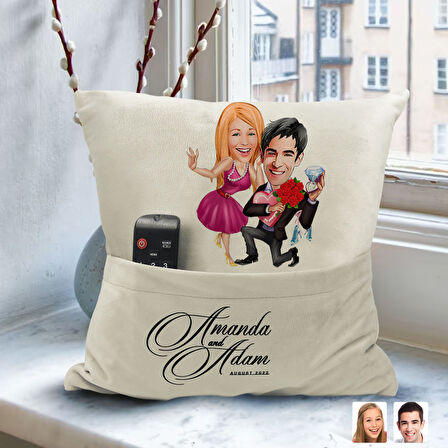 BK Gift Kişiye Özel Sevgililer Karikatür Tasarımlı Organizer Kumanda ve Atıştırmalık Cepli Sarı Kırl