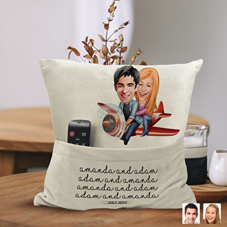 BK Gift Kişiye Özel Sevgililer Karikatür Tasarımlı Organizer Kumanda ve Atıştırmalık Cepli Sarı Kırl