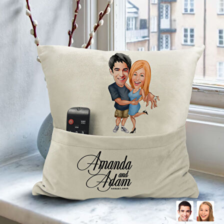 BK Gift Kişiye Özel Sevgililer Karikatür Tasarımlı Organizer Kumanda ve Atıştırmalık Cepli Sarı Kırl