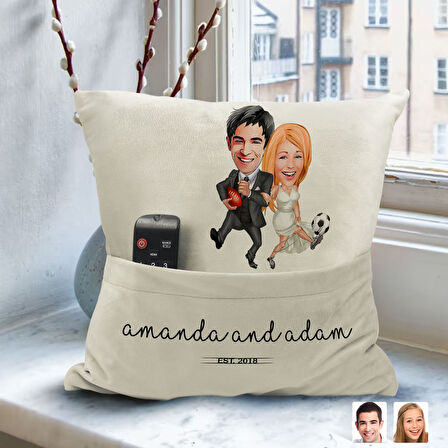 BK Gift Kişiye Özel Sevgililer Karikatür Tasarımlı Organizer Kumanda ve Atıştırmalık Cepli Sarı Kırl