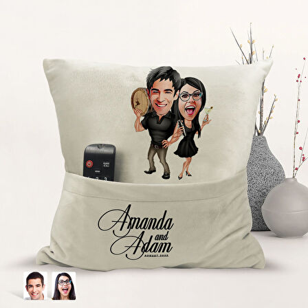 BK Gift Kişiye Özel Sevgililer Karikatür Tasarımlı Organizer Kumanda ve Atıştırmalık Cepli Sarı Kırl