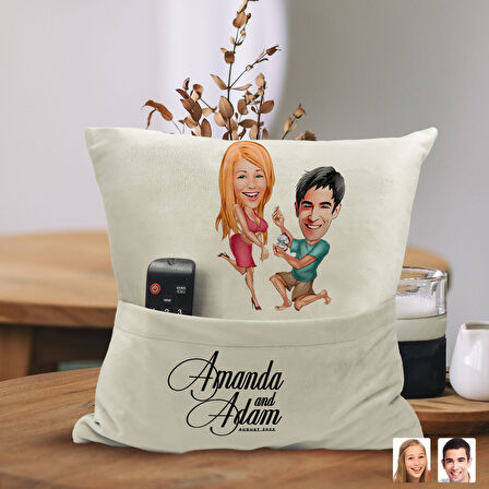 BK Gift Kişiye Özel Sevgililer Karikatür Tasarımlı Organizer Kumanda ve Atıştırmalık Cepli Sarı Kırl