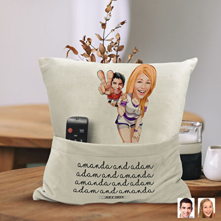 BK Gift Kişiye Özel Sevgililer Karikatür Tasarımlı Organizer Kumanda ve Atıştırmalık Cepli Sarı Kırl