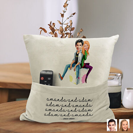 BK Gift Kişiye Özel Sevgililer Karikatür Tasarımlı Organizer Kumanda ve Atıştırmalık Cepli Sarı Kırl