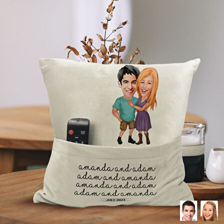 BK Gift Kişiye Özel Sevgililer Karikatür Tasarımlı Organizer Kumanda ve Atıştırmalık Cepli Sarı Kırl