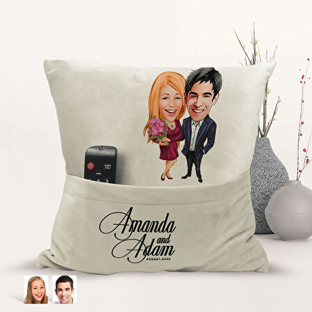 BK Gift Kişiye Özel Sevgililer Karikatür Tasarımlı Organizer Kumanda ve Atıştırmalık Cepli Sarı Kırl