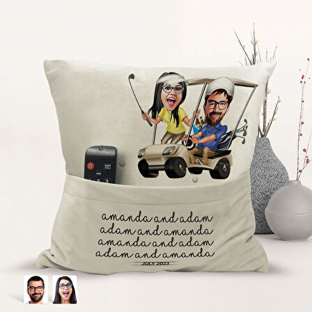 BK Gift Kişiye Özel Sevgililer Karikatür Tasarımlı Organizer Kumanda ve Atıştırmalık Cepli Sarı Kırl