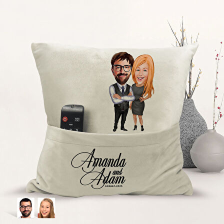 BK Gift Kişiye Özel Sevgililer Karikatür Tasarımlı Organizer Kumanda ve Atıştırmalık Cepli Sarı Kırl