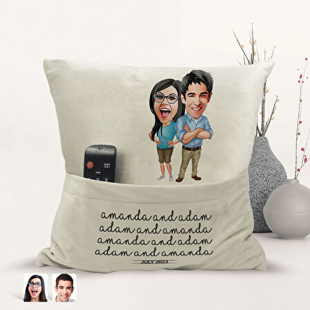 BK Gift Kişiye Özel Sevgililer Karikatür Tasarımlı Organizer Kumanda ve Atıştırmalık Cepli Sarı Kırl