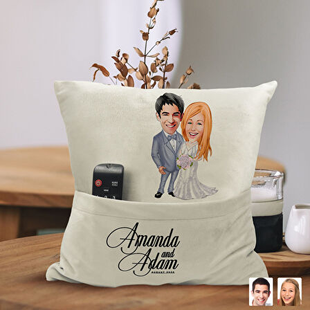 BK Gift Kişiye Özel Sevgililer Karikatür Tasarımlı Organizer Kumanda ve Atıştırmalık Cepli Sarı Kırl