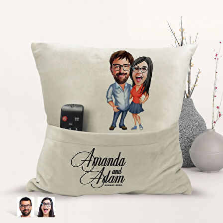 BK Gift Kişiye Özel Sevgililer Karikatür Tasarımlı Organizer Kumanda ve Atıştırmalık Cepli Sarı Kırl