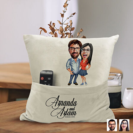 BK Gift Kişiye Özel Sevgililer Karikatür Tasarımlı Organizer Kumanda ve Atıştırmalık Cepli Sarı Kırl