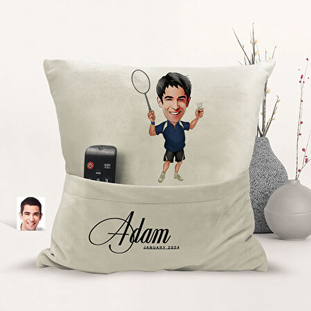 BK Gift Kişiye Özel Badminton Karikatür Tasarımlı Organizer Kumanda ve Atıştırmalık Cepli Sarı Kırle