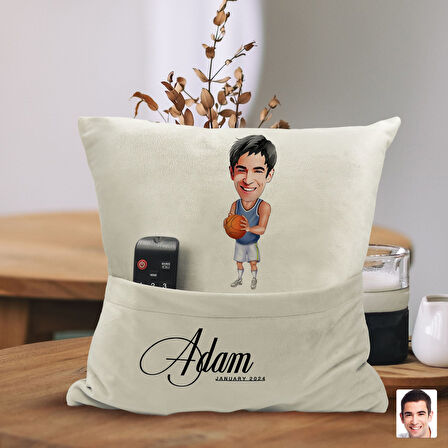 BK Gift Kişiye Özel Basketbol Karikatür Tasarımlı Organizer Kumanda ve Atıştırmalık Cepli Sarı Kırle
