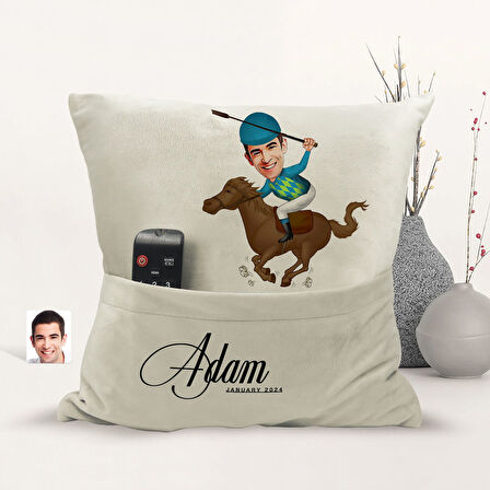 BK Gift Kişiye Özel Jokey Karikatür Tasarımlı Organizer Kumanda ve Atıştırmalık Cepli Sarı Kırlent Y