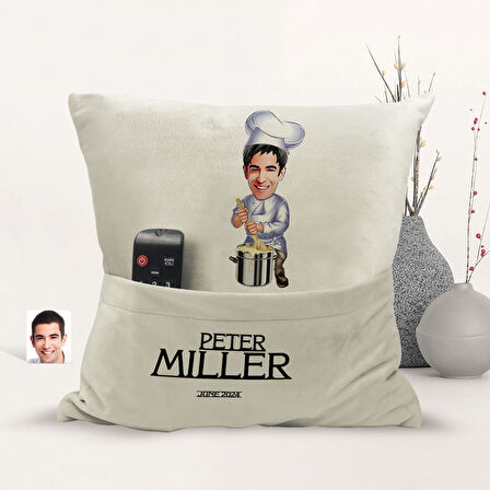 BK Gift Kişiye Özel Chef Karikatür Tasarımlı Organizer Kumanda ve Atıştırmalık Cepli Sarı Kırlent Ya