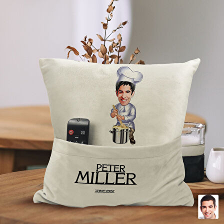 BK Gift Kişiye Özel Chef Karikatür Tasarımlı Organizer Kumanda ve Atıştırmalık Cepli Sarı Kırlent Ya