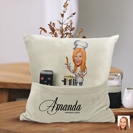 BK Gift Kişiye Özel Chef Karikatür Tasarımlı Organizer Kumanda ve Atıştırmalık Cepli Sarı Kırlent Ya