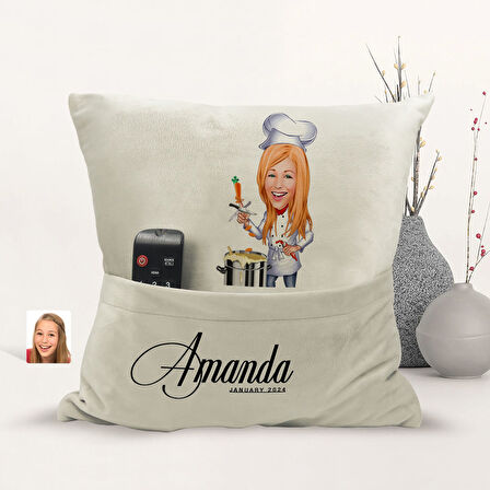 BK Gift Kişiye Özel Chef Karikatür Tasarımlı Organizer Kumanda ve Atıştırmalık Cepli Sarı Kırlent Ya