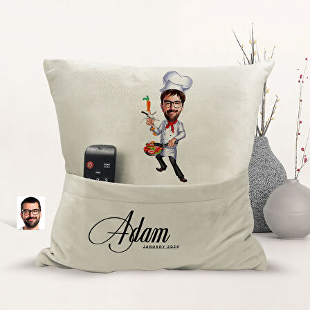 BK Gift Kişiye Özel Chef Karikatür Tasarımlı Organizer Kumanda ve Atıştırmalık Cepli Sarı Kırlent Ya