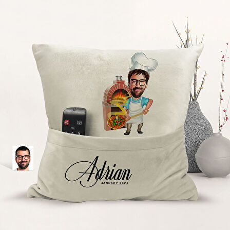 BK Gift Kişiye Özel Chef Karikatür Tasarımlı Organizer Kumanda ve Atıştırmalık Cepli Sarı Kırlent Ya