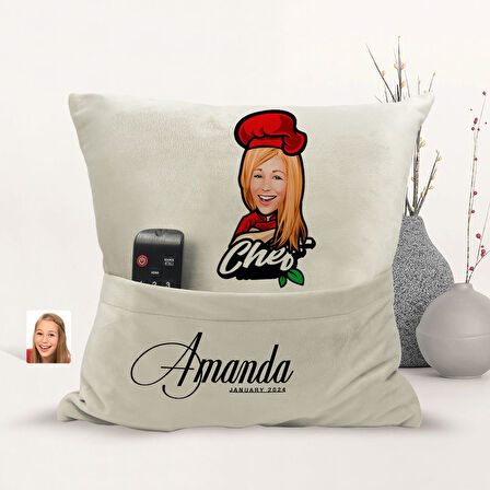 BK Gift Kişiye Özel Chef Karikatür Tasarımlı Organizer Kumanda ve Atıştırmalık Cepli Sarı Kırlent Ya