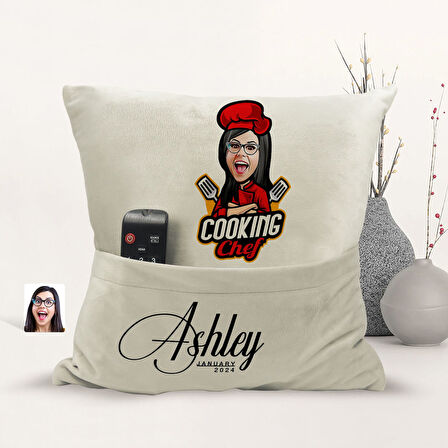 BK Gift Kişiye Özel Chef Karikatür Tasarımlı Organizer Kumanda ve Atıştırmalık Cepli Sarı Kırlent Ya