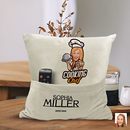 BK Gift Kişiye Özel Chef Karikatür Tasarımlı Organizer Kumanda ve Atıştırmalık Cepli Sarı Kırlent Ya